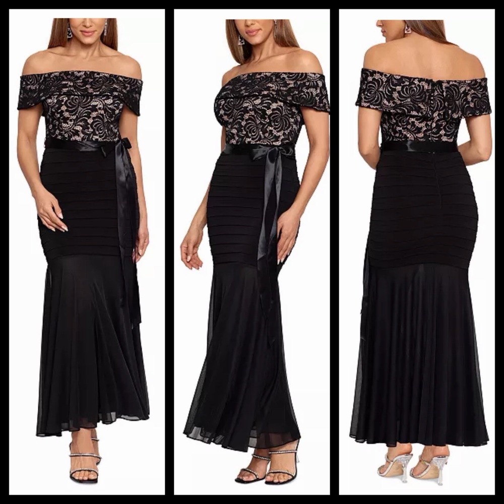 Betsy & Adam Off Shoulder Lace-Top Gown Sz 6 Special Occasion Gala Formal EUC